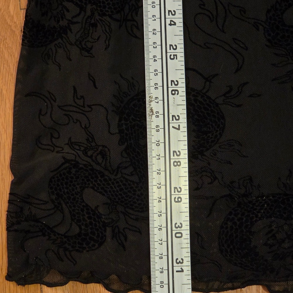 Y2K 90s Black Mesh Dragon Print Mini Dress, Velvet Burnout Flocked Goth, Sz M - Picture 9 of 11